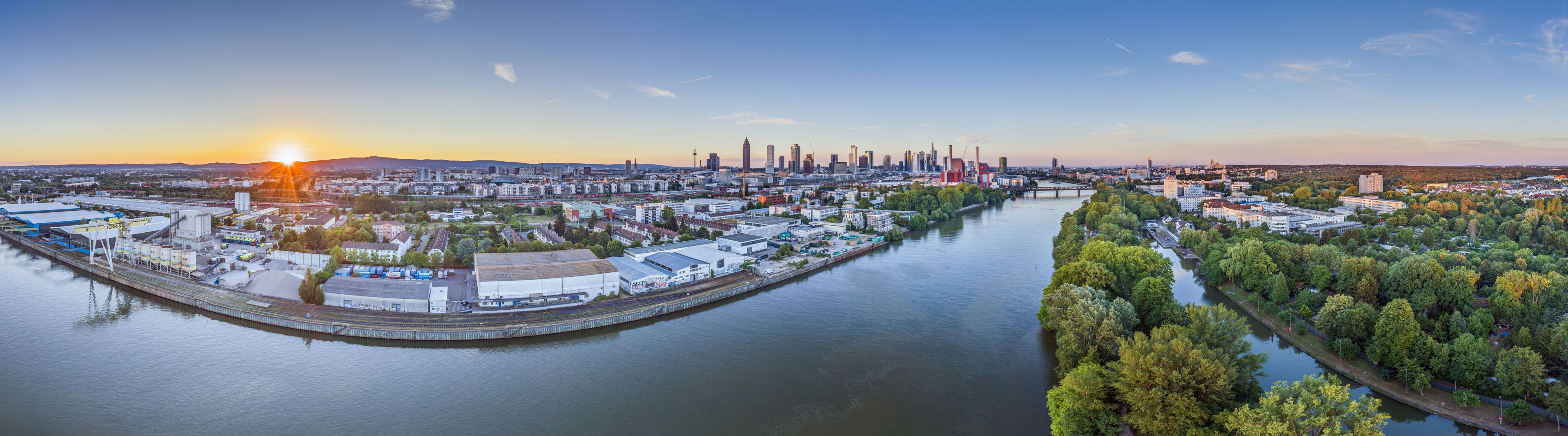 Frankfurt Skyline and Main River Wide Aerial View