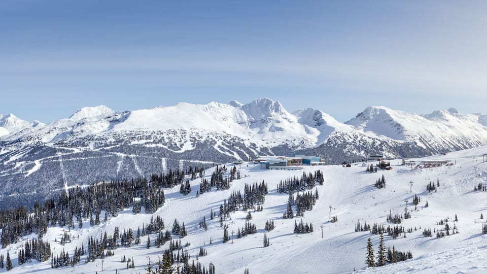 Snow capped mountains, Blackcomb and Whistler ski resort in British Columbia, Canada.