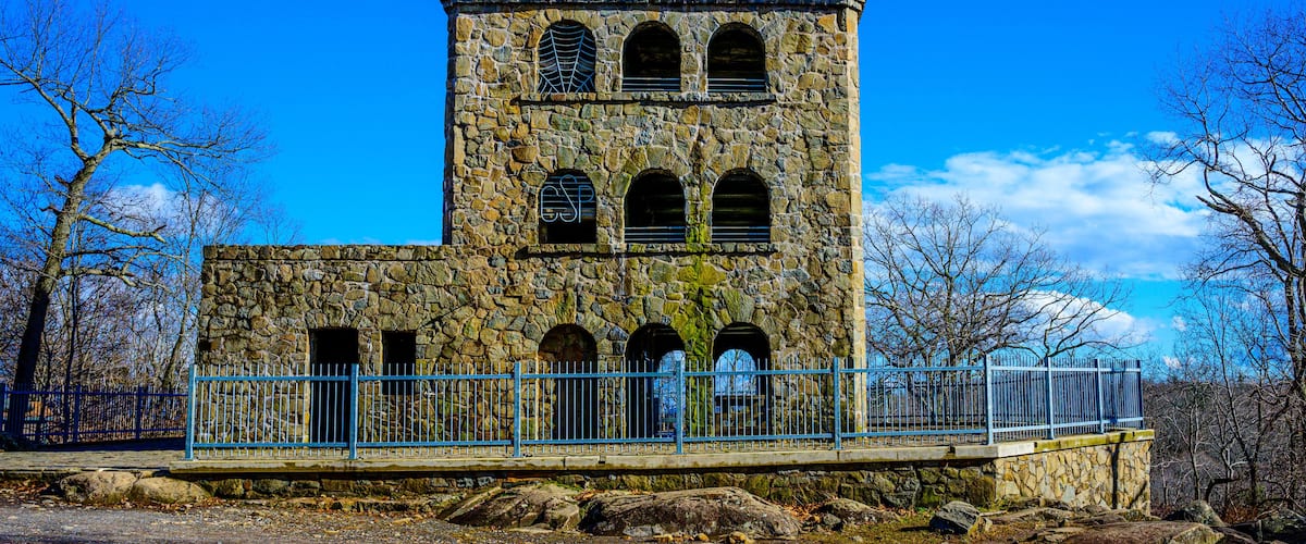 Sleeping Giant Observation Tower at the top of Mt. Carmel in Hamden, Connecticut, USA, built in the 1930s as part of the New Deal Project