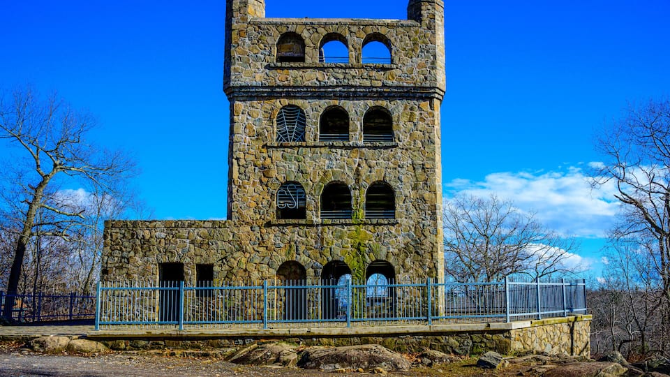 Sleeping Giant Observation Tower at the top of Mt. Carmel in Hamden, Connecticut, USA, built in the 1930s as part of the New Deal Project