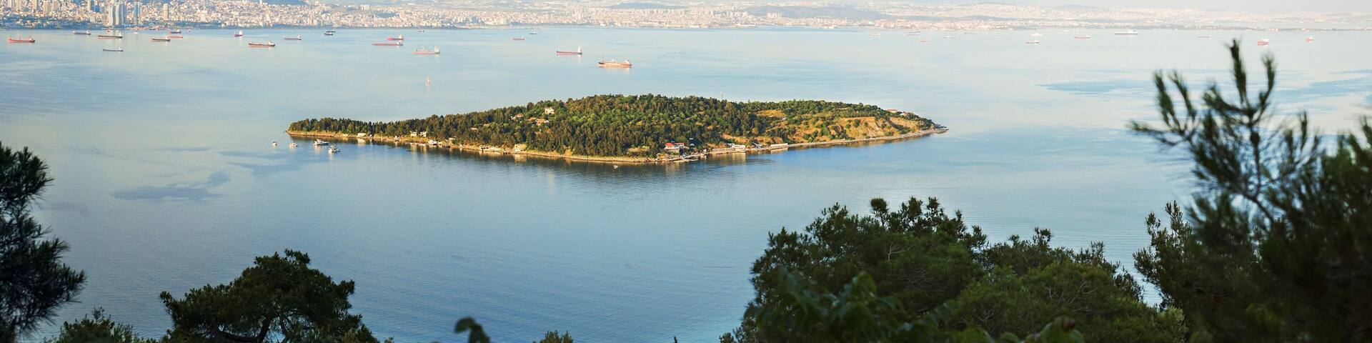 Panoramic view of Sedef Island (Mother of Pearl Island) framed by green trees from Buyukada island. Sedef Island (turkish: Sedef adasi) is a neighbourhood in the Adalar district of Istanbul, Turkey.