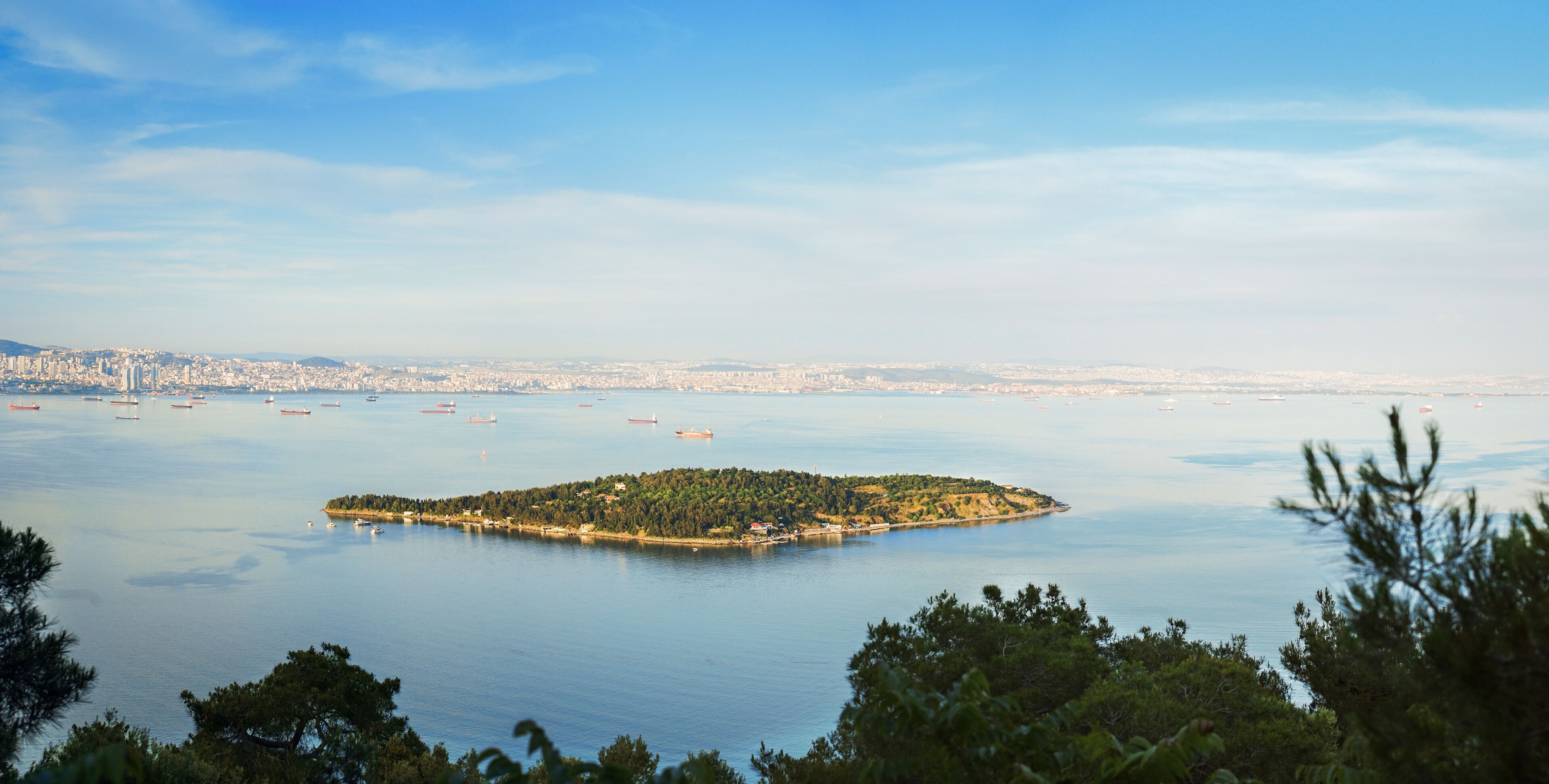 A coastal cityscape with a prominent island in the foreground.