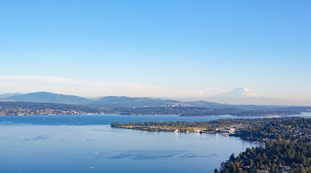 Aerial Shot of Forests, Lake, and Suburban Neighborhoods of Shoreline, Sand Point, North Seattle, Magnuson Park, Lake Washington, and Mt Rainier