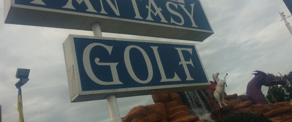 Smoky Mountain Fantasy Golf in Pigeon Forge, TN. A fairly standard mini-golf scenario with the fiberglass mountain and waterfall with the additional whimsy of a Pegasus and other mythological creatures dotting the course. Certain holes did have a wheel of chance to spin that would land various handicaps on your opponent for the hole.