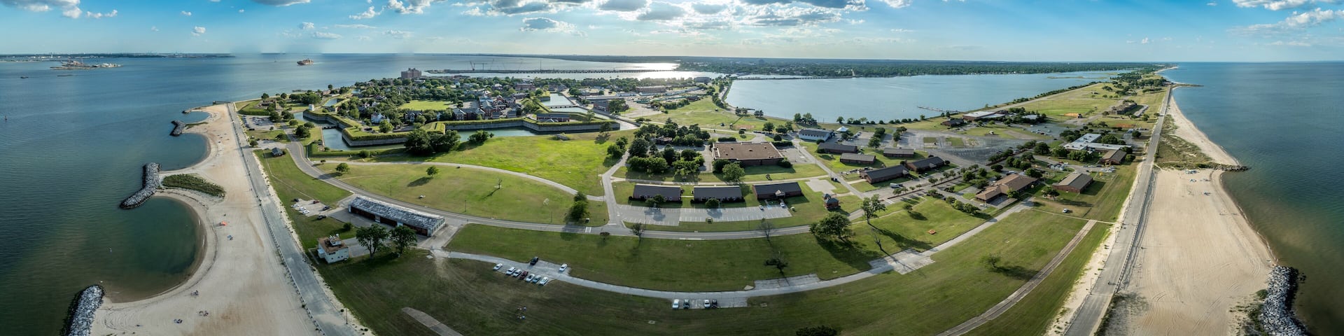 Aerial view of Fort Monroe former military installation in Hampton, Virginia, Old Point Comfort protecting the entrance to the bay with seven bastions
