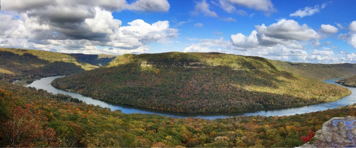 A river winding through a forested valley with a hill in the center.