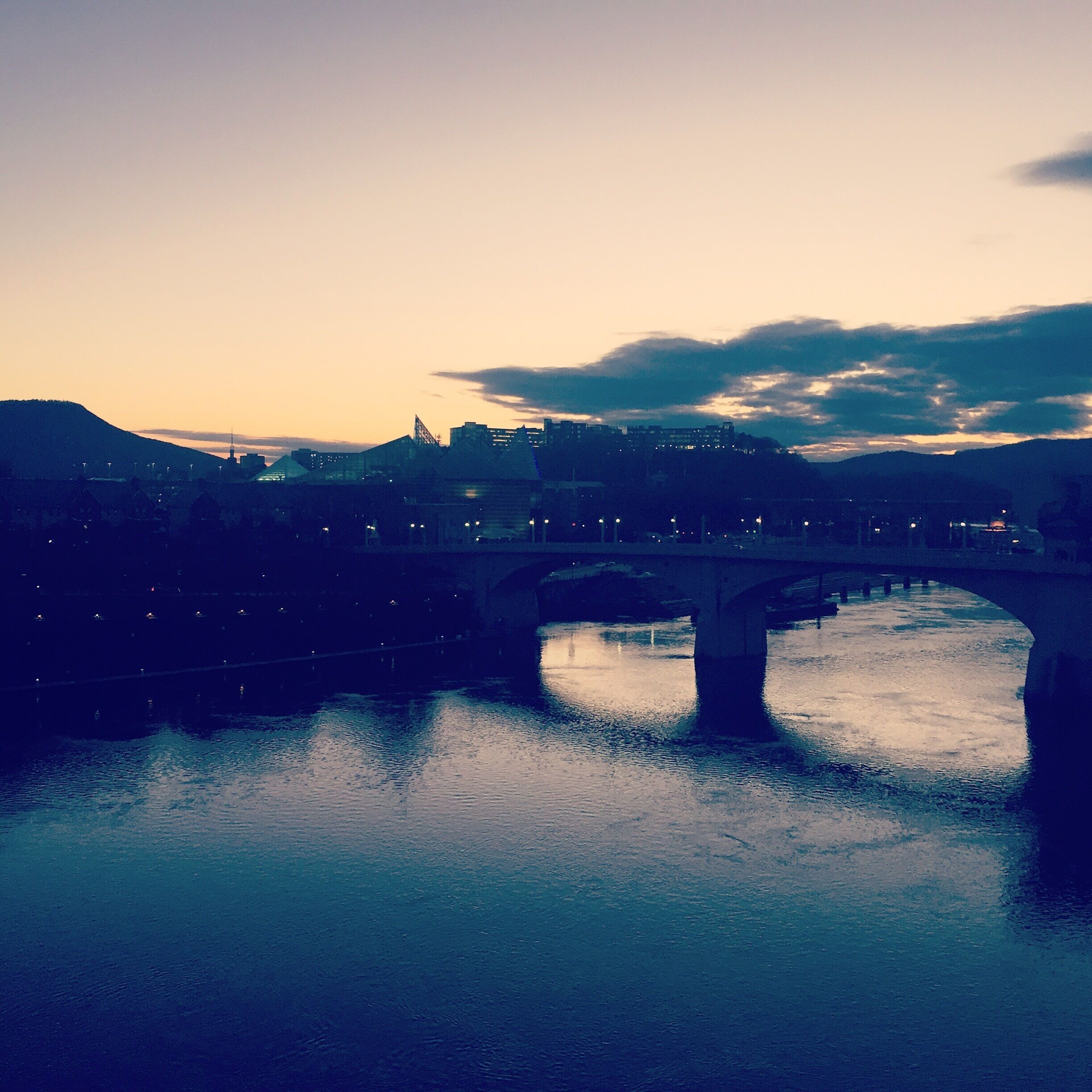 Downtown Chattanooga at dusk from the middle of the Tennessee River. 