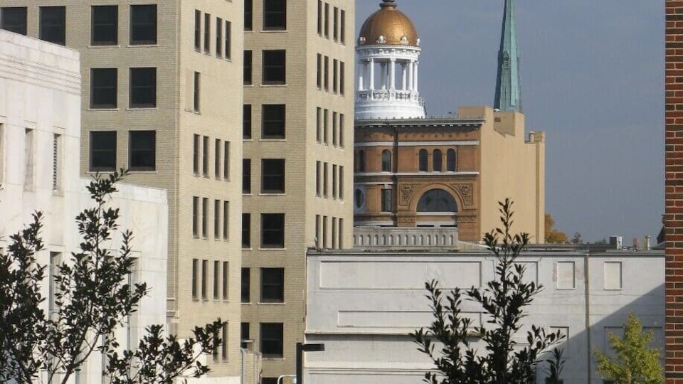 A cityscape with a prominent building featuring a gold dome and a green spire.