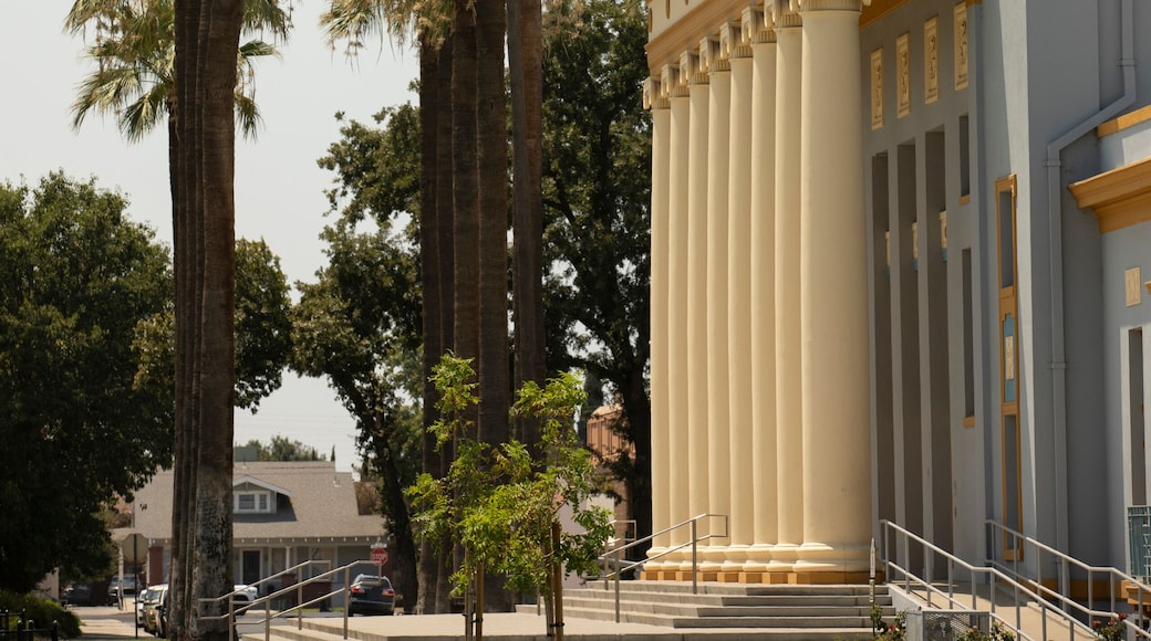 Afternoon sun shines on historic buildings of downtown Hanford, California, USA.