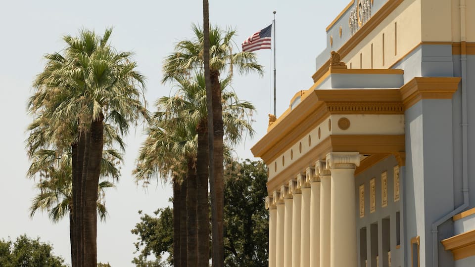 A building with columns and an American flag, surrounded by palm trees.