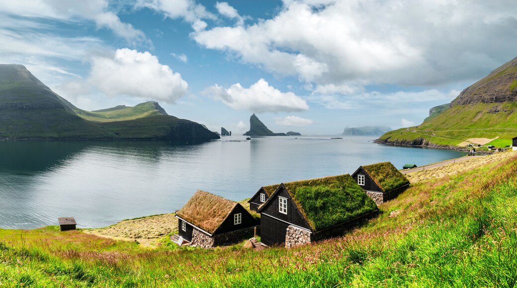 A coastal landscape with a body of water, grassy hills, and traditional black houses with thatched roofs.