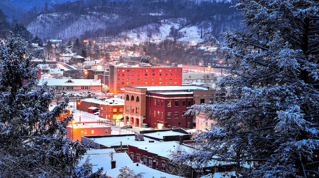scenic mountain town, blue hour and fresh snow
