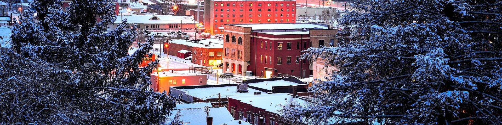 scenic mountain town, blue hour and fresh snow