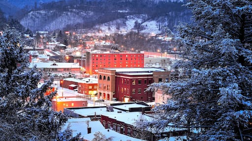 scenic mountain town, blue hour and fresh snow