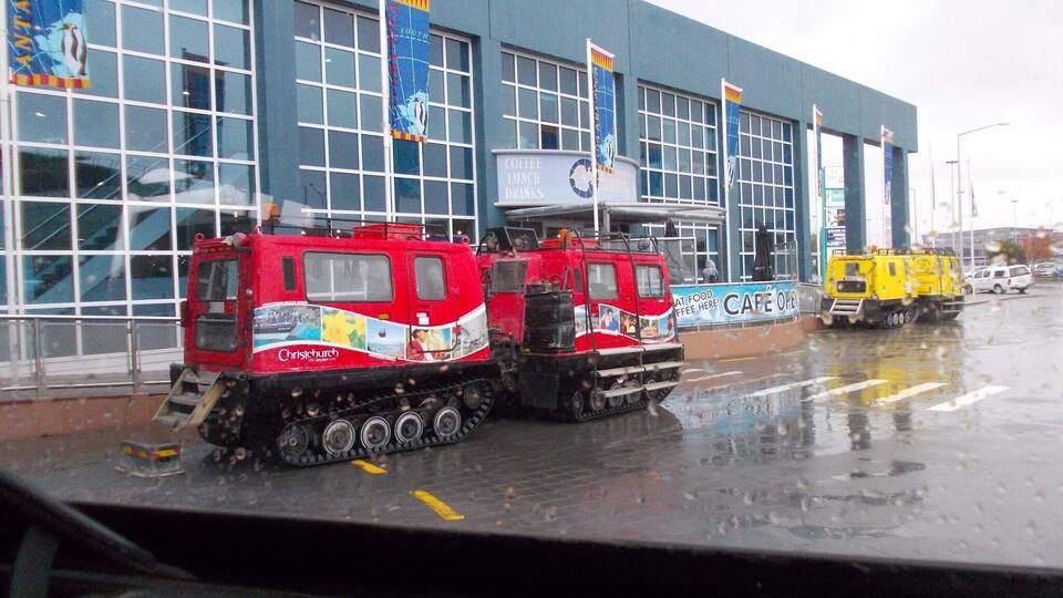 Going to Antarctica and visit of Scott base. Tour in this snow/water mobile. They use the same in Antarctica.