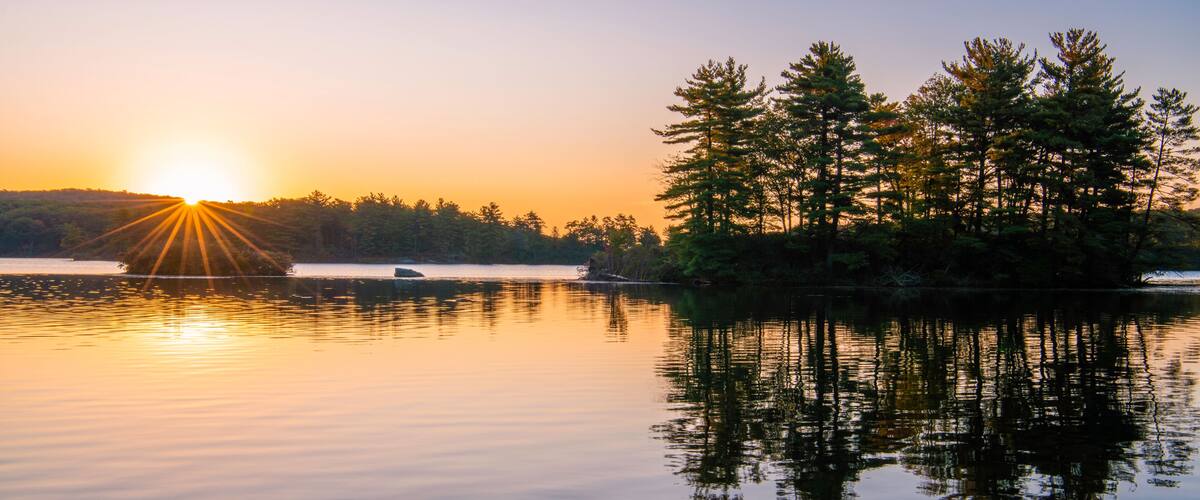 A calm lake at sunset with reflections of trees and a clear sky.