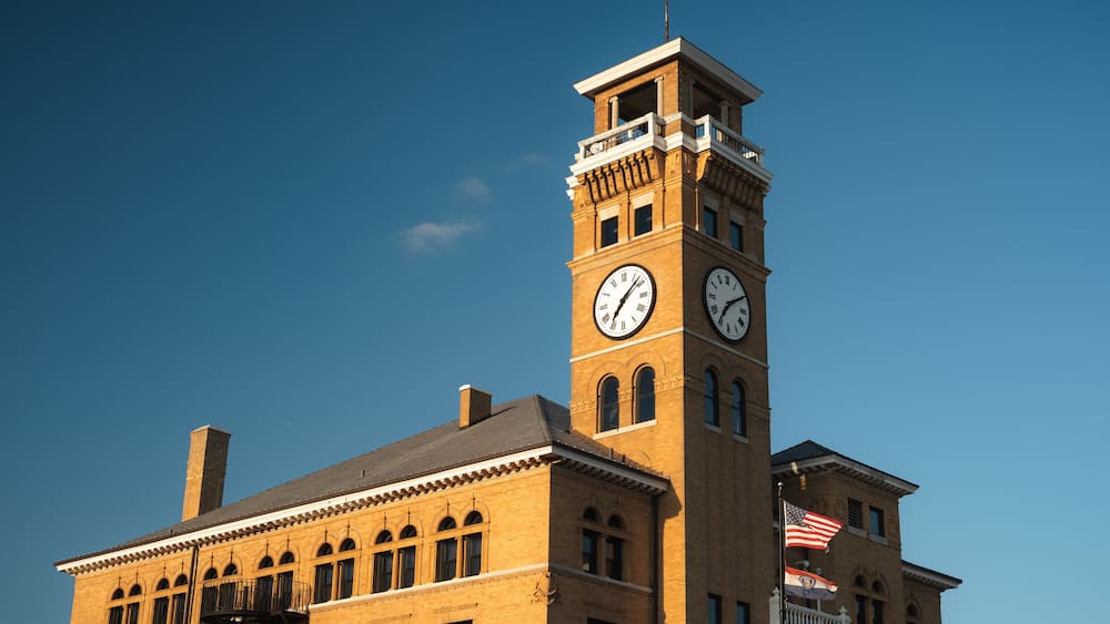 The Clock Tower at the Historic Courthouse in the Harrisonville Town Square