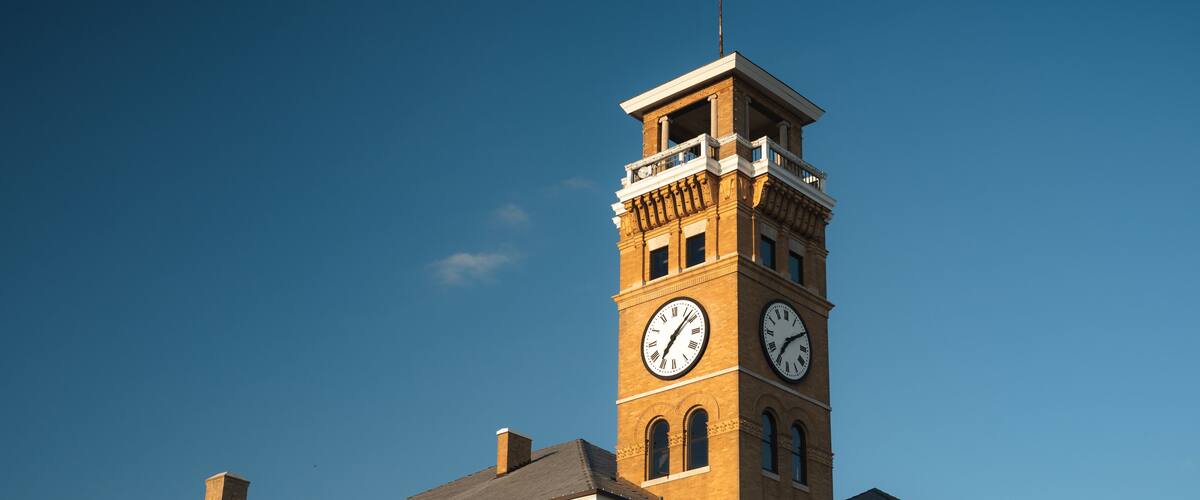 The Clock Tower at the Historic Courthouse in the Harrisonville Town Square