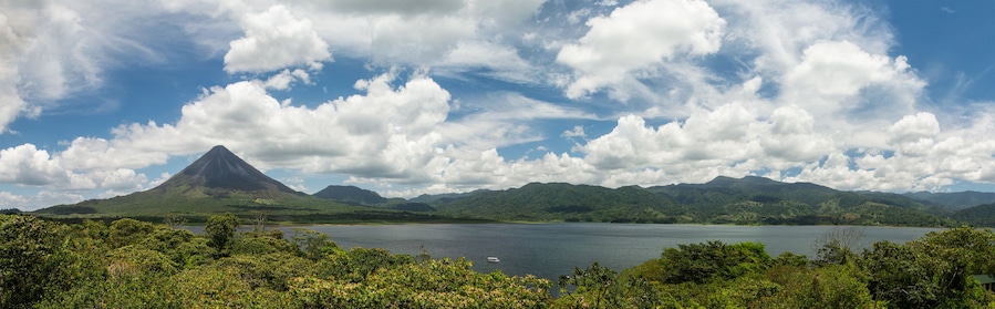 A mountain, a lake, and a forest.