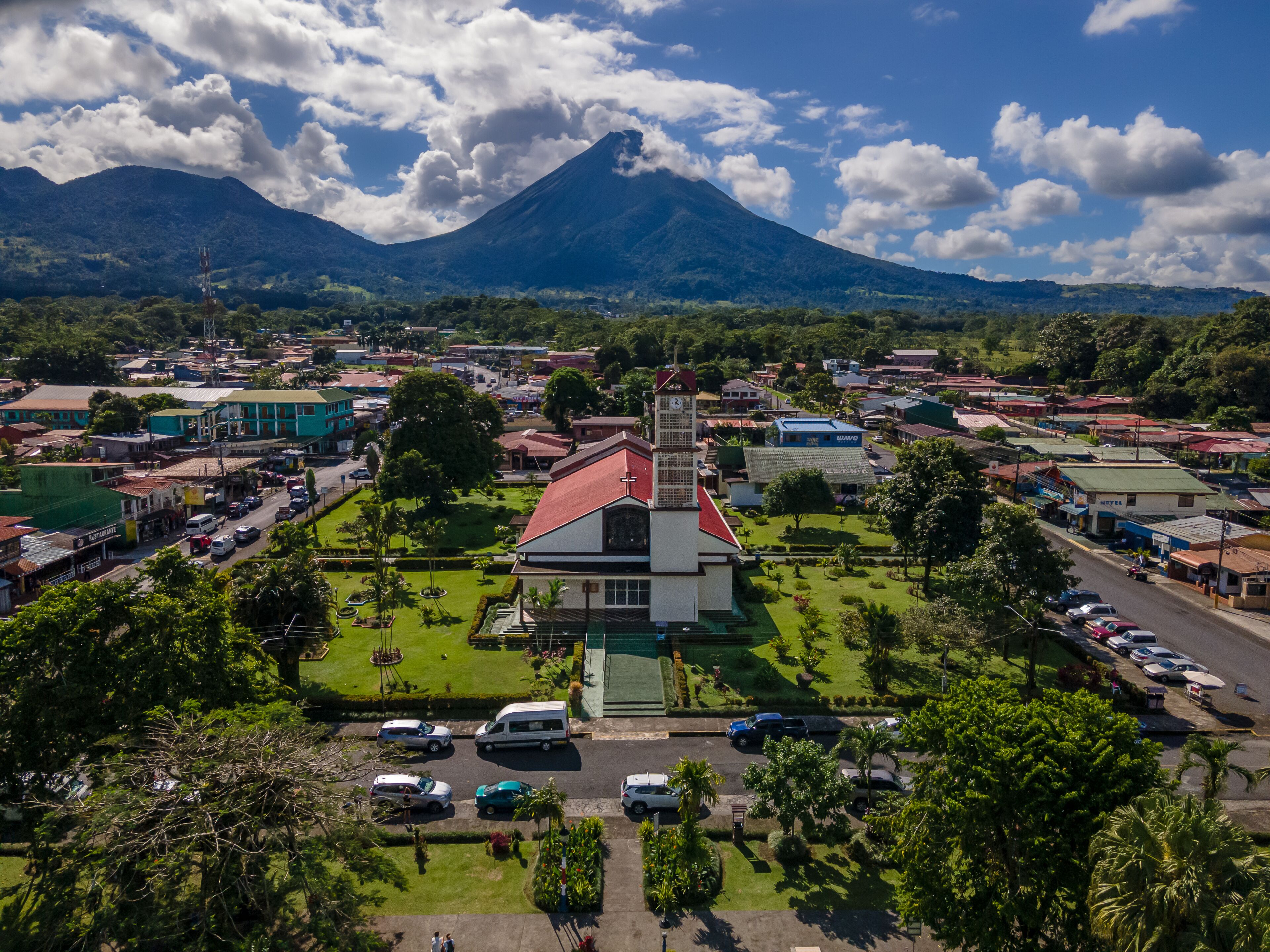 Beautiful aerial view of San Carlos La Fortuna Town - Arenal Volcano la Fortuna Church in Costa Rica