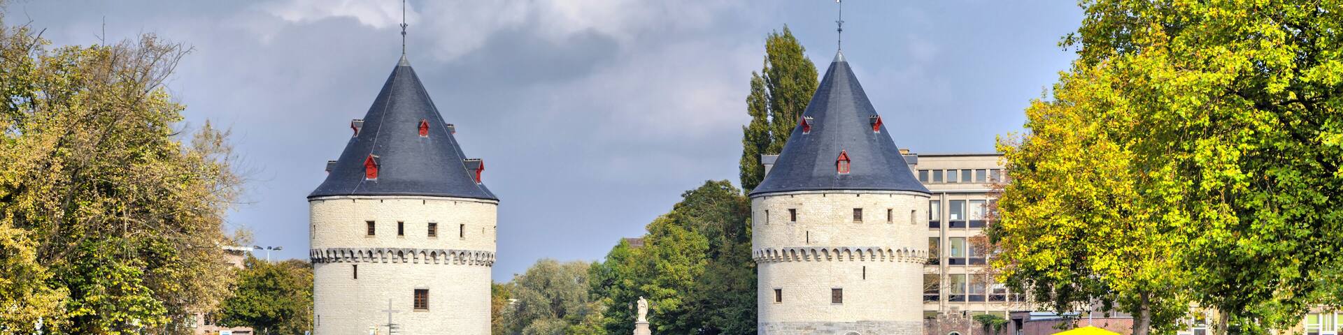 Medieval Broel Towers and old bridge in Kortrijk city, Belgium
