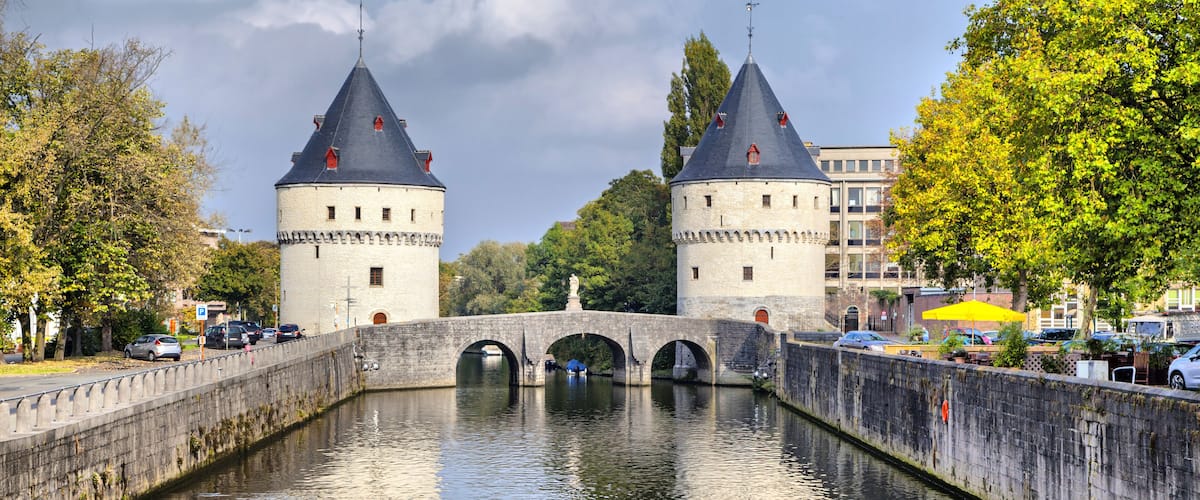 Medieval Broel Towers and old bridge in Kortrijk city, Belgium