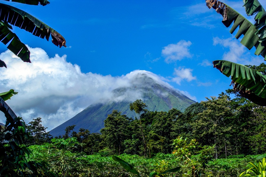 Red glow, steam and clouds of Arenal Volcano near La Fortuna, in the district of the San Carlos canton, in the Alajuela province of Costa Rica, January 2007