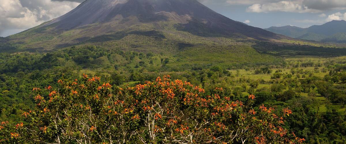 A volcano with a forested landscape in the foreground and cloudy skies.