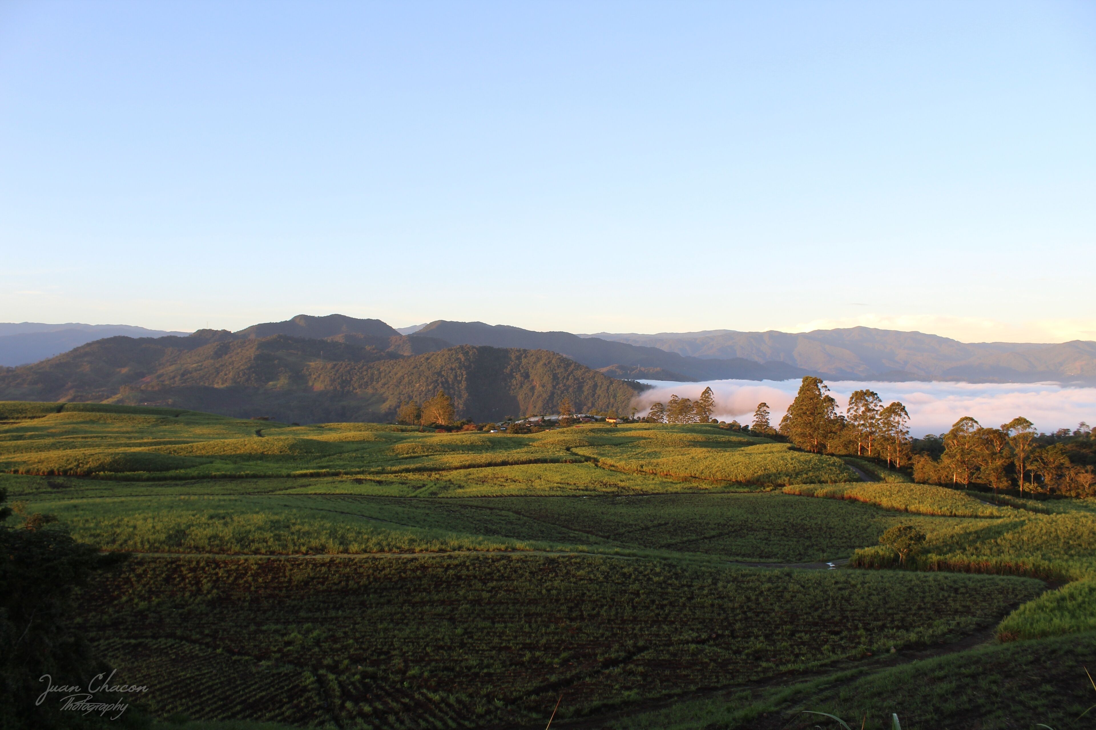 A mountainous landscape with terraced fields and a valley.