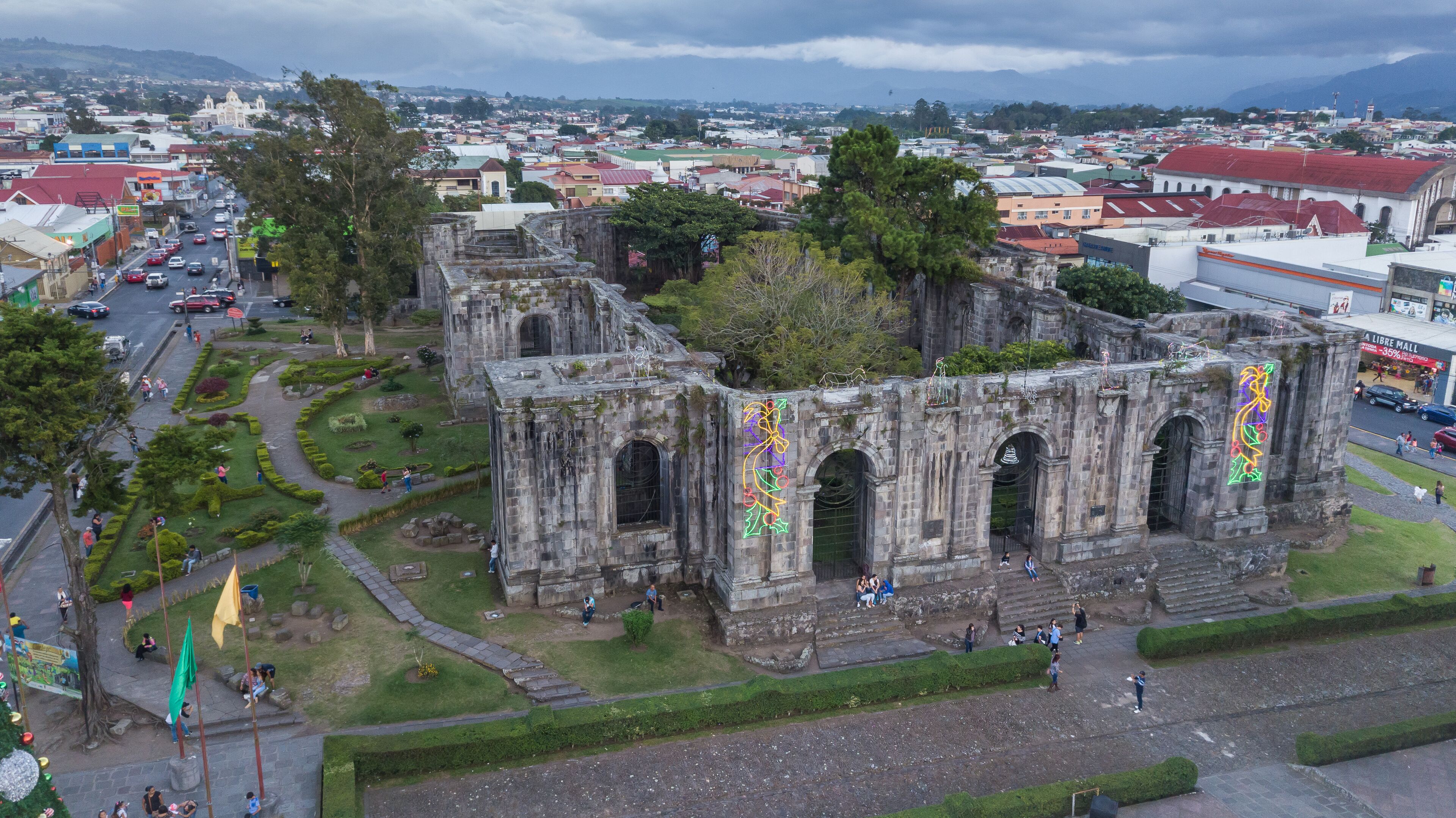 Beautiful aerial view of the Cartago Ruins and gardens in Costa Rica