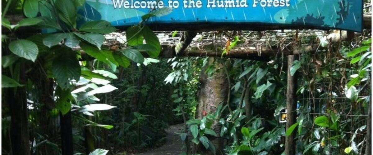 A sign welcoming visitors to the humid forest.