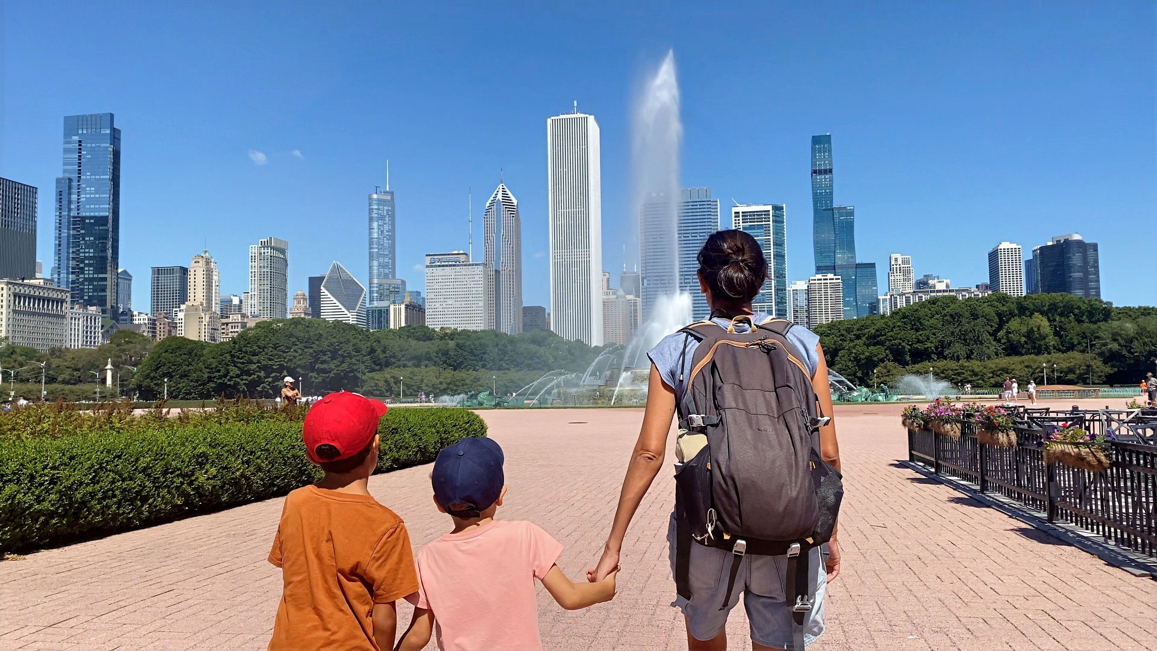 A cityscape with modern skyscrapers and a fountain in the foreground.