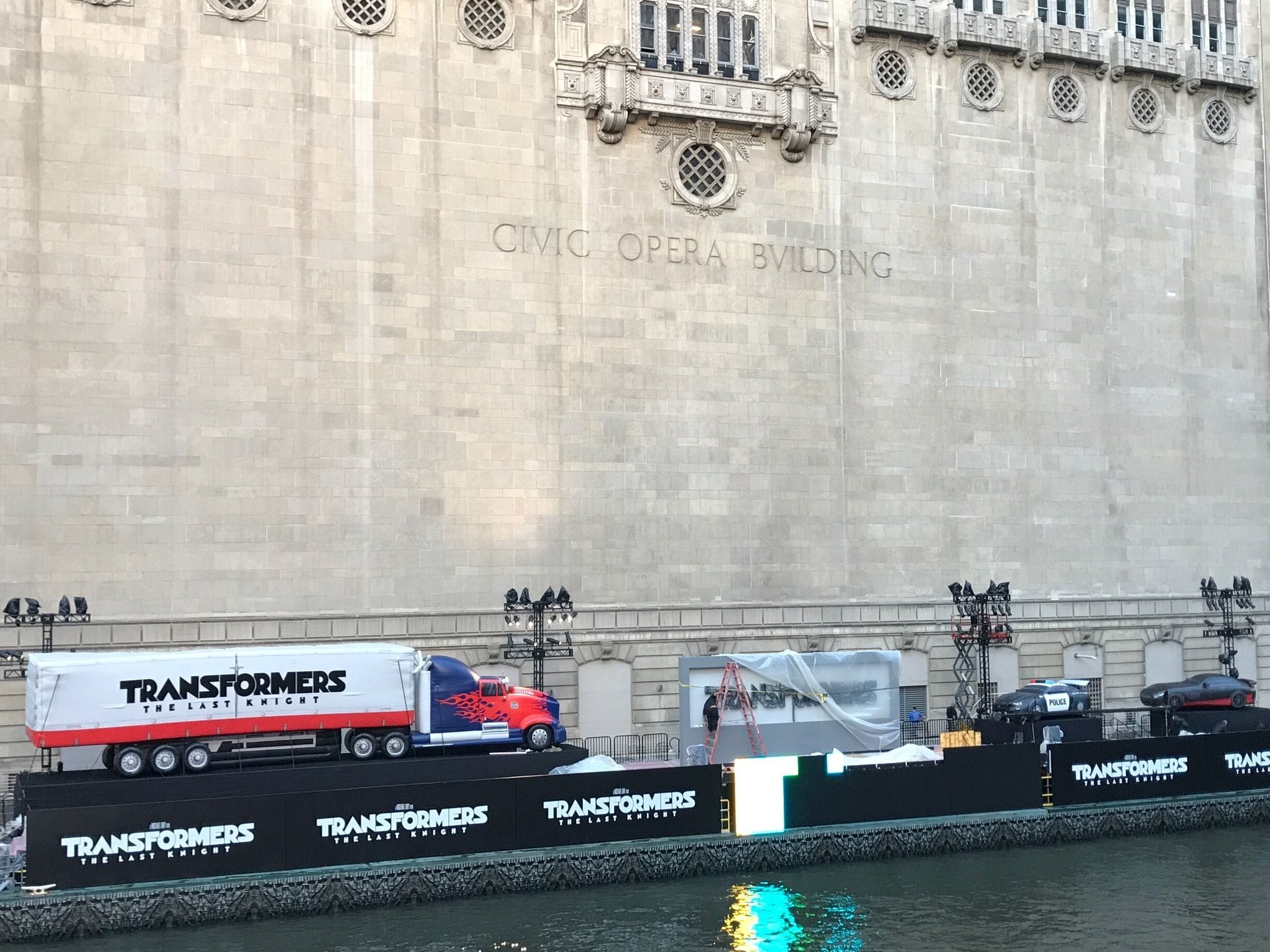 Transformers premier is setup along the Chicago river by the Civic Opera building.