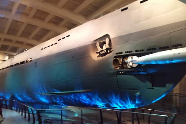 The Museum of Science and Industry has a huge exhibit dedicated to the actual U-505—the only German submarine in the United States.
On June 4, 1944, a German submarine known as U-505 was prowling off the coast of West Africa on a hunt for American and Allied ships, when depth charges from the USS Chatelain blasted the dreaded U-boat out of hiding.