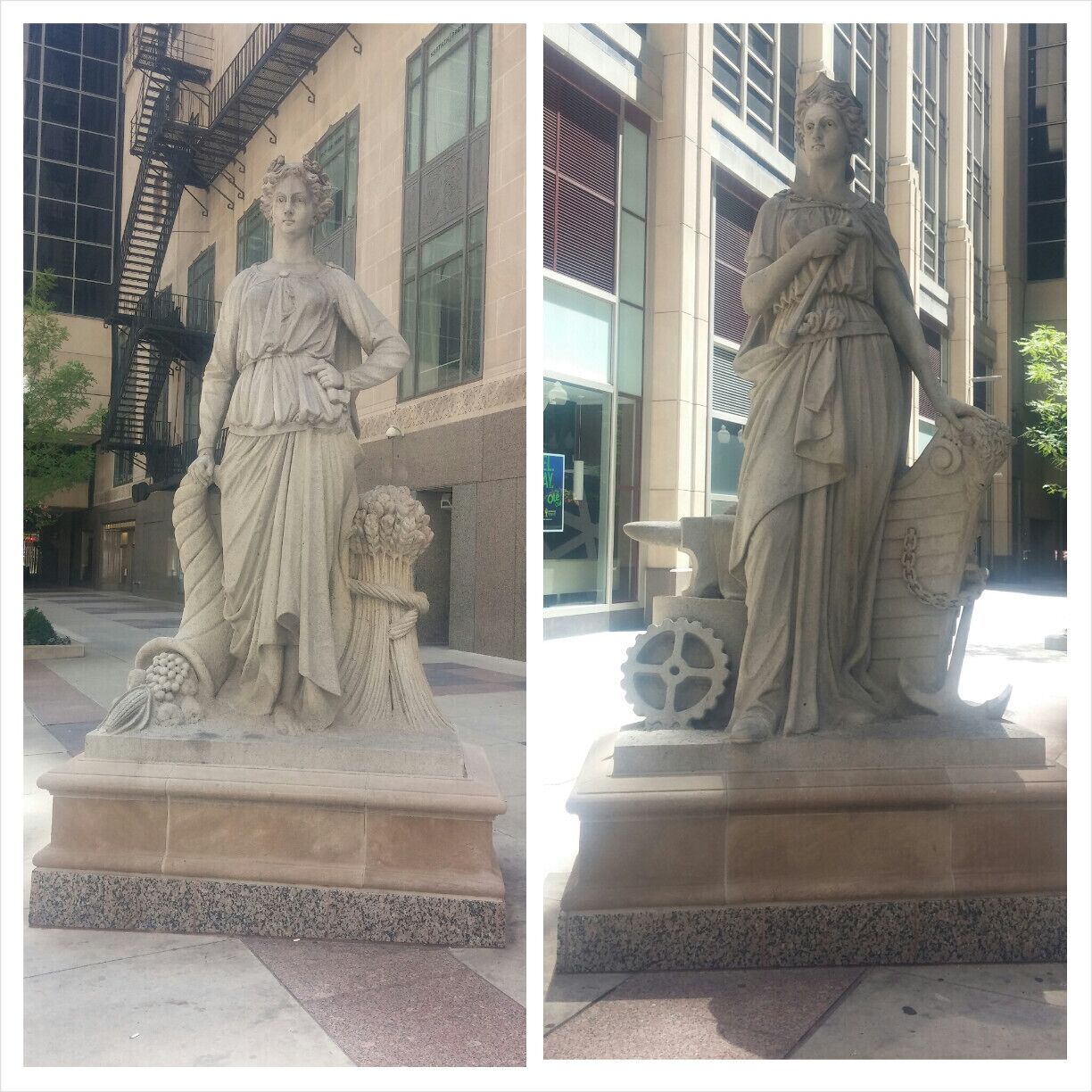 These two statues in the LaSalle Plaza of the Chicago Board of Trade building, one symbolizing industry and the other agriculture once made their home atop the original Board of Trade building in 1885. The statures were thought to be lost forever when the building was demolished in 1929. The 12ft 1/2 ton statues were found in 1978 in Hidden Lake Forest Preserve in Downer's Grove Illinois. The forest preserve was the former estate of Arthur Cutten, a prominent Chicago Board of Trade speculator in the 1900's. How the statues made the journey from LaSalle Street to the Cutten estate remains a mystery.