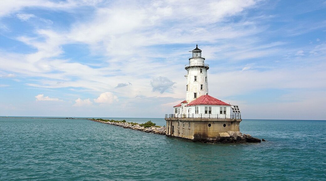 The lighthouse just off the end of navy pier in Chicago.