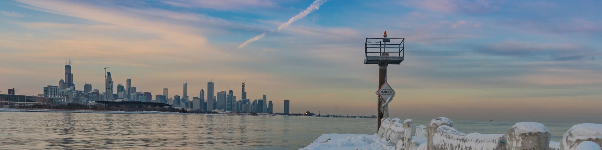Sunset over Chicago skyline. View from 31st St Beach #lifeatexpedia #perspectives