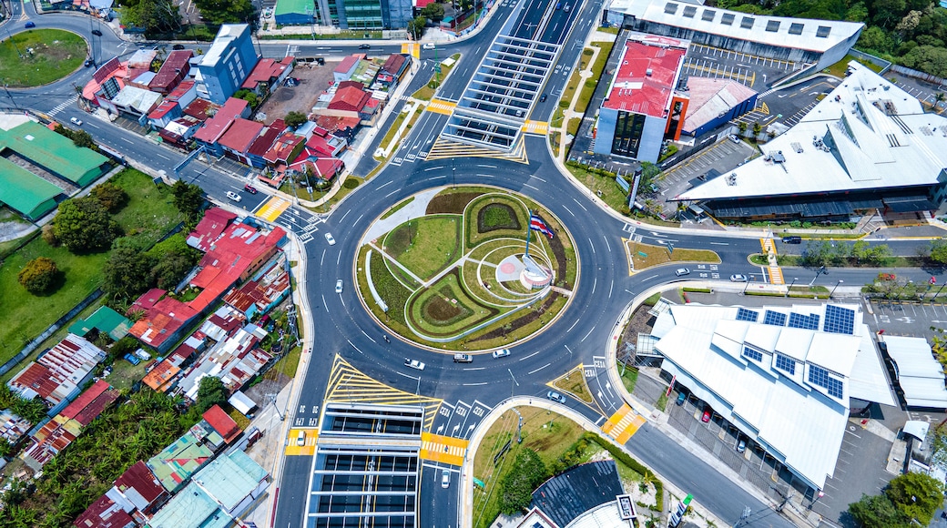 Beautiful aerial view of the new Flag roundabout in Costa Rica, Rotonda de la bandera, un San José