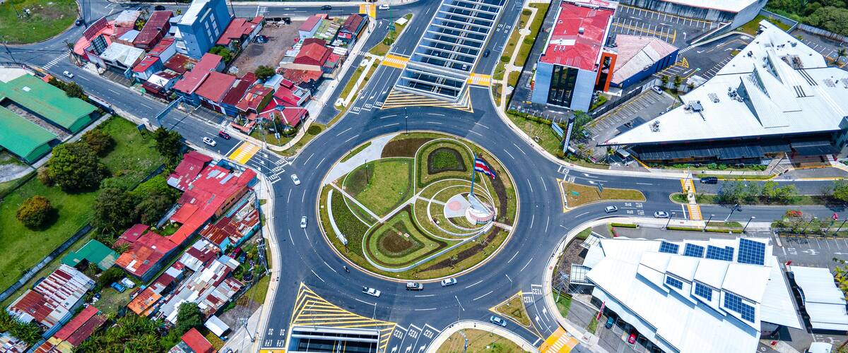 Beautiful aerial view of the new Flag roundabout in Costa Rica, Rotonda de la bandera, un San José