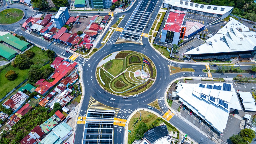 Beautiful aerial view of the new Flag roundabout in Costa Rica, Rotonda de la bandera, un San José