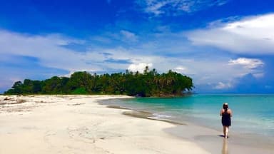 Uma praia com águas turquesa cristalinas, areia dourada e uma pequena ilha com vegetação verde exuberante ao fundo.