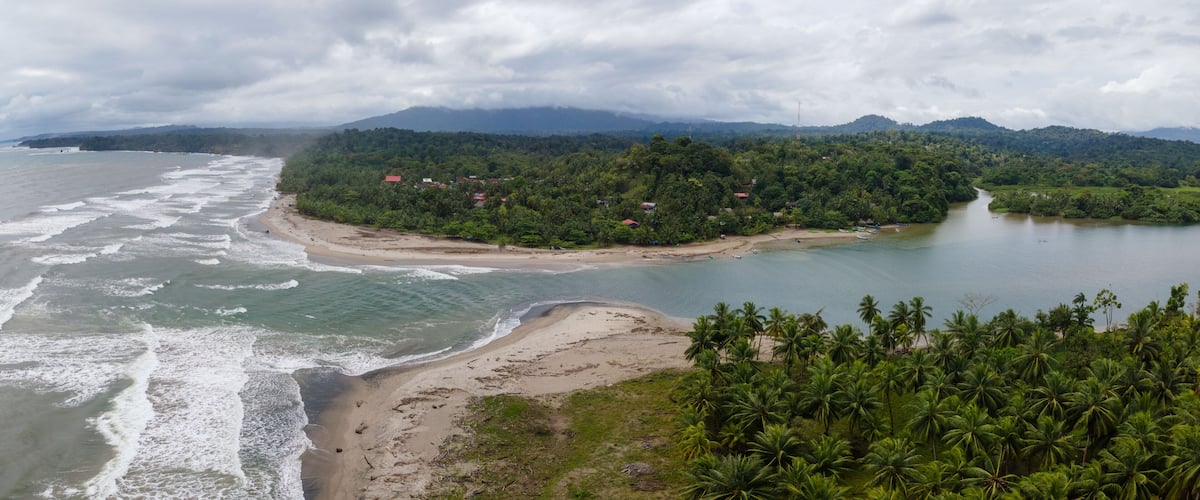 A coastal landscape with a beach, dense forest, and a river.