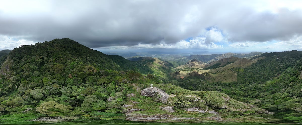 A lush valley with dense green forests, rolling hills, and a cloudy sky.