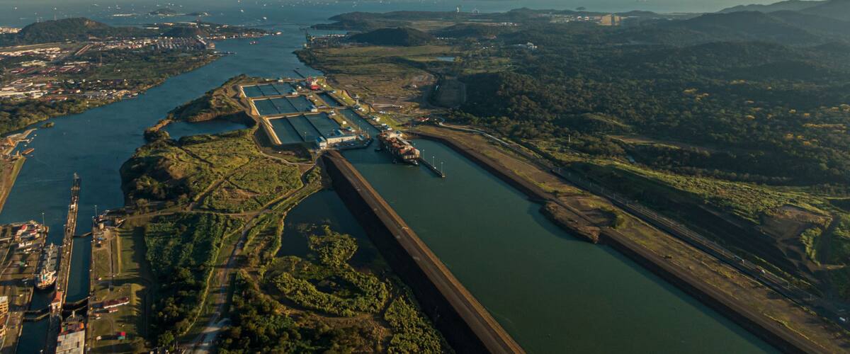 Beautiful aerial view of the Beautiful aerial view of the Panama Channel on the Sunset
