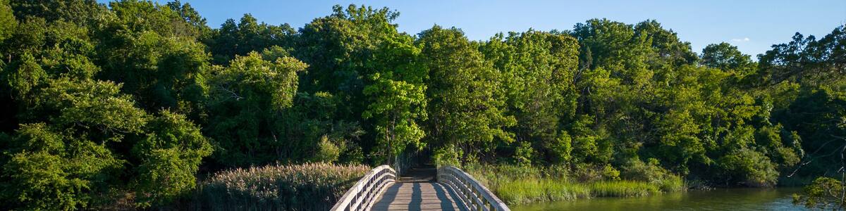 Drone view of the wooden bridge looking toward the picnic area of Sunken Meadow State Park
