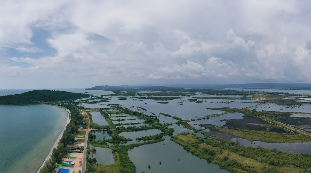 Bay of Koh Kong in Cambodia from above. Beach view and rice fields.