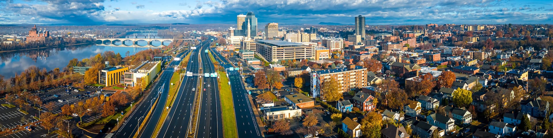 Downtown Springfield Massachusetts Skyline and Highway Aerial