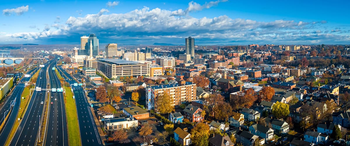 Downtown Springfield Massachusetts Skyline and Highway Aerial