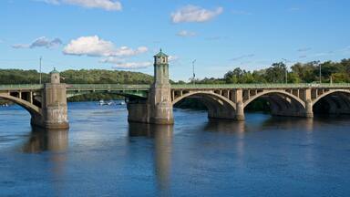 A stone bridge with a tower, green railings, and a river.