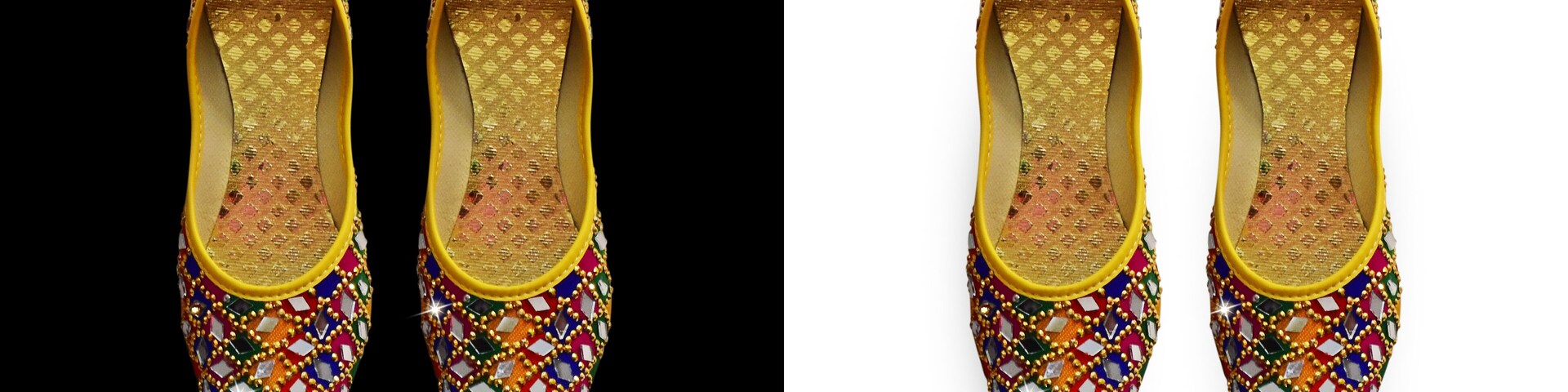 Un par de zapatos coloridos adornados con cuentas.
